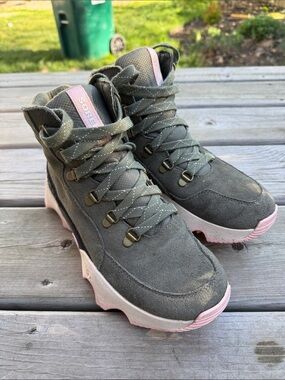 SOREL Olive Green Suede Hiking Sneaker with Pink Accents